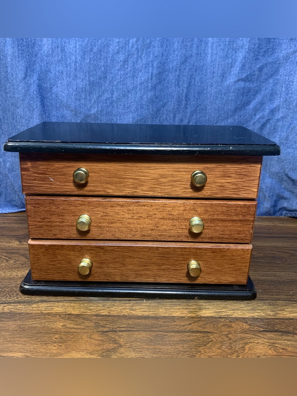 Brown/Black Wood Jewelry Box w/ Mirror, 2 Drawer ~ Pull Up Top Velvet Lined